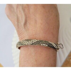 Vintage 925 Sterling Silver Marcasite Bangle Bracelet with Safety Chain
